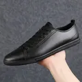 Men's casual black leather low-top sneakers with soft anti-slip rubber sole - 38 / Black