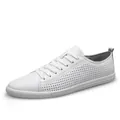 Men's low-top white leather casual sneakers with perforated side panels and soft sole - 38 / White Hollow Out
