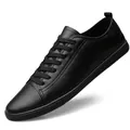 Men's casual low-top breathable black leather sneakers with soft and comfortable sole - 38 / Black Hollow