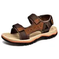 Bruine heren outdoorsandalen van echt leer met antislip zachte zool en handig klittenband - 38 / Diepbruin