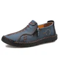 Mocassins décontractés en cuir bleu pour hommes avec fermeture éclair et coutures à la main - 38 / Bleu