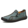 Chaussures décontractées en cuir bleu-gris pour hommes avec coutures faites main - Vert