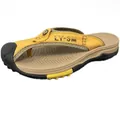 Men's yellow cowhide leather closed-toe flip-flops for beach and daily outdoor wear - 38 / Gold Yellow