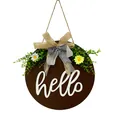 Round wooden door hanger with hello sign, artificial floral greenery and burlap bow - Brown Ribbon Hello Style