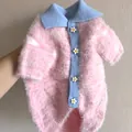 Pink fuzzy pet sweater with blue knit collar and flower buttons for small dogs and cats - XS (Suggested 0.5-1kg) / Pink