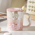Mug en céramique animaux mignons, finition électroplaquée rose, avec couvercle et cuillère - Ensemble Animal Mignon (Avec Couvercle et Cuillère) / Rose