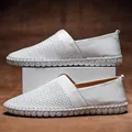 Men's breathable white leather loafers with hand-stitched detailing and perforations - 38 / Hollow Loafers (955) / White