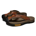 Men's premium brown cowhide leather closed-toe flip-flop sandals with anti-slip rubber sole - 38 / Tan