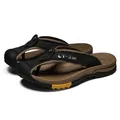 Premium men's cowhide leather toe-covered flip flops with black straps and brown soles - 38 / Black