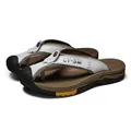 Men's premium leather closed-toe flip-flops in white and brown beach sandals - White