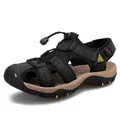 Men's sport sandals in black and tan with a closed-toe design for outdoor beach activities - 38 / Black