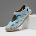 Light blue leather hollow-out loafers with white stitching and a durable rubber sole - 38 / Blue