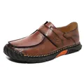 Premium braune handgenähte Freizeit-Leder-Loafer für Herren mit Klettverschluss-Detail - 39 / Dunkelbraun