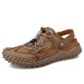 Sandali da spiaggia casual da uomo in pelle marrone con dettagli in mesh cuciti a mano - 38 / Cachi