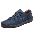 Hand-stitched blue low-top leather leisure shoe for men with rope laces - 38 / Blue