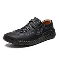 Black men's handmade stitched low-top casual leather shoes for outdoor wear - 38 / Black