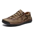 Classic men's hand-stitched casual leather shoes in earthy brown, low-top outdoor style - 38 / Khaki