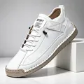 Minimalist white hand-stitched casual leather shoes with rubber sole and sport label detail - 38 / White with Yellow Sole