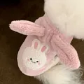Detail of a soft pink plush pet sweater with cute bunny ears and patch for small dogs. - XS / Bunny Hoodie / Back Length 20cm / Pink