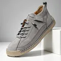Premium grey hand-stitched suede casual shoes with tan rubber sole on white block - 9888 Gray / 38