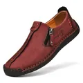 Mocassins décontractés pour hommes en cuir brun-rouge avec fermeture éclair et détails - 38 / Rouge