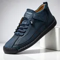 Premium navy blue hand-stitched leather casual shoes with durable rubber sole - 9888 Blue / 38