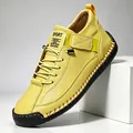 Vibrant yellow leather casual shoes featuring artisan hand-stitching and sporty tongue detail - 9888 Yellow / 38