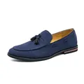 Men's navy blue suede tassel loafers in vintage style, elegant casual slip-on shoes - 38 / Blue