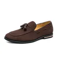 Classic men's retro dark brown suede loafers with decorative tassels and fringe detail - 38 / Brown