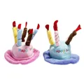 Detail view of plush pink and blue pet birthday cake hats with colorful candles - Blue