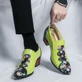 Men's lime green patent leather shoes with floral patchwork and wood-grain block heels - 38 / Green