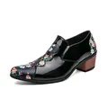 Men's British style patent leather shoes with floral patchwork and wooden block heel. - 38 / Black