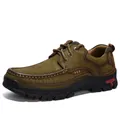 Premium men's brown genuine leather outdoor casual shoes with durable anti-slip rubber sole - 38 / Khaki (Unlined)