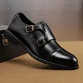 Men's black formal double monk strap pointed toe loafers in sleek leather finish - 38 / Black