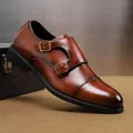 Classic men's brown pointed toe double monk strap leather loafers with polished finish - 38 / Double Monk Strap Shoes (E7813) / Brown