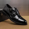 Classic black double monk strap loafers with pointed toe and brogue detailing - 38 / Double Monk Strap Brogue Shoes (E7812) / Black