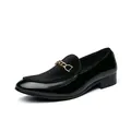 Premium black men's loafers featuring glossy patent leather and a gold chain link - 38 / Black
