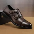 Men's dark brown double monk strap leather shoes featuring elegant brogue toe cap details - 38 / Brown (E7812)