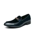 Men's navy blue patent leather loafers with velvet tongue and gold chain detail - 38 / Blue