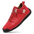 Vibrant red men's outdoor casual leather shoes with lace-up and velcro strap detail - 36 / Red