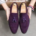 Elegant purple suede tassel loafers for men featuring sharp toe and red stitching - 38 / Purple