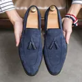 Men's navy blue suede pointed-toe loafers featuring decorative tassels and slip-on design - 38 / Blue