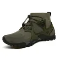 Side view of olive green high-top hiking shoe with breathable mesh and rugged sole - 36 / Army Green