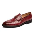 Men's burgundy crocodile pattern loafers with gold buckle for business casual style. - 38 / Crocodile Pattern Pointed Buckle Shoes / Red
