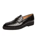 Elegant black men's crocodile texture business casual loafers with gold buckle detail - 38 / Crocodile Pattern Pointed Buckle Shoes / Black