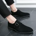 Stylish men's black suede monk strap shoes featuring pointed toe and buckle detail - 38 / Black