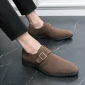 Sophisticated brown suede monk strap shoes featuring a pointed toe and single buckle - 38 / Brown