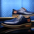 Men's navy blue leather business dress shoes with tan laces and soft textured surface - 38 / 6111 Style (6111) / Blue