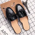 Stylish black patent leather tassel mules for men featuring a sleek slip-on design. - 38 / Tassel Style (761) / Black