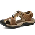 Men's brown leather closed-toe sandals for summer beach and outdoor walking. - 38 / Khaki